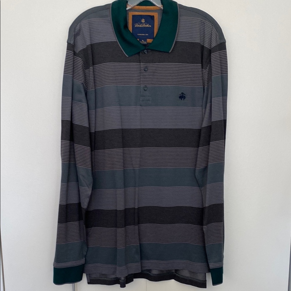 Brooks Brothers Men's Striped Polo Shirt Gray Green Long Sleeve Logo XL